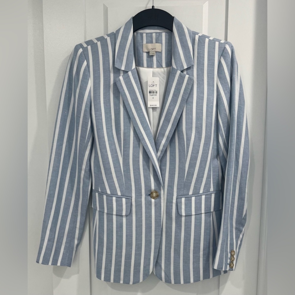 LOFT Blue and White Striped Blazer, Size 0, NWT